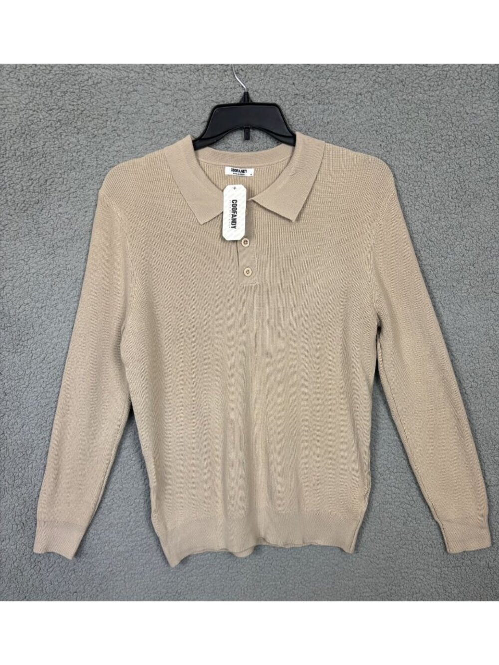 Coofandy Mens Ribbed Knit Polo Sweater Beige Long Sleeve Size Medium NWT's.